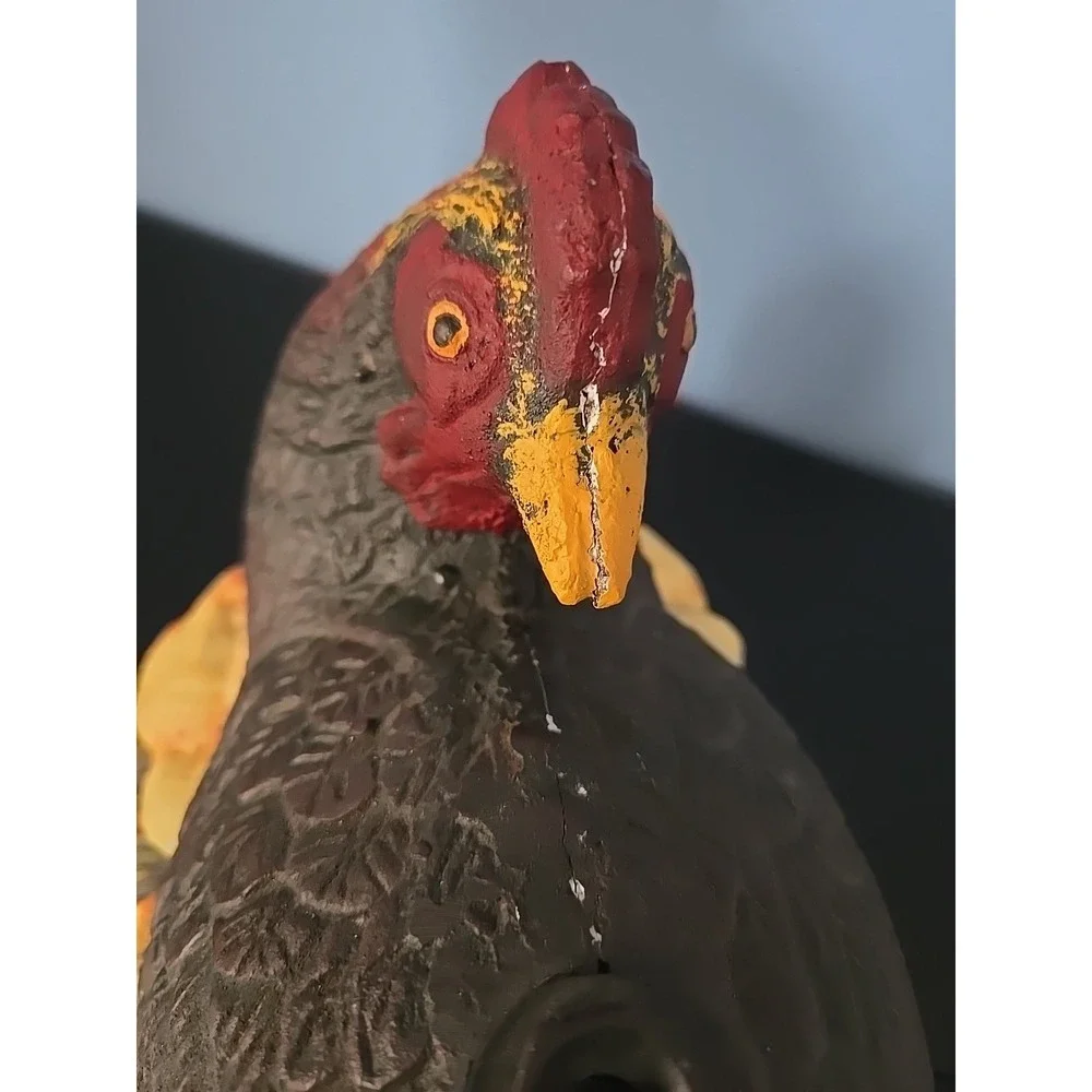 Vintage Cast Iron Painted Chicken Hen & Baby Chicks Metal Doorstop
